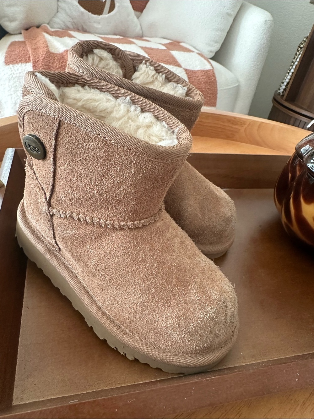 UGG Kids Short Suede Button Boots in Tan